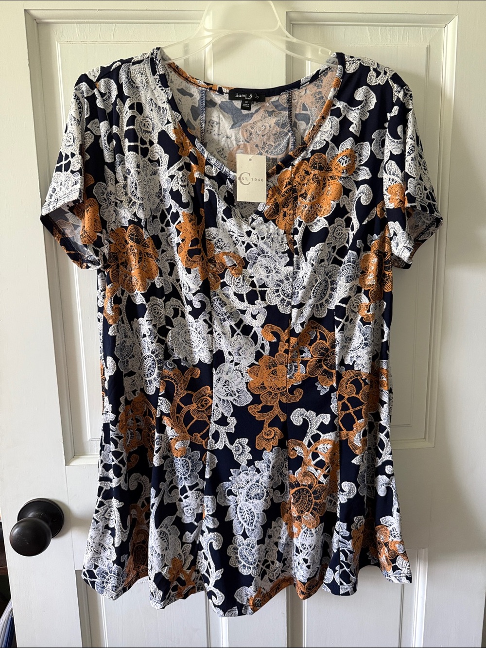 Sami & Jo Navy Floral Lace-Print Short Sleeve Top with White & Brown Accents